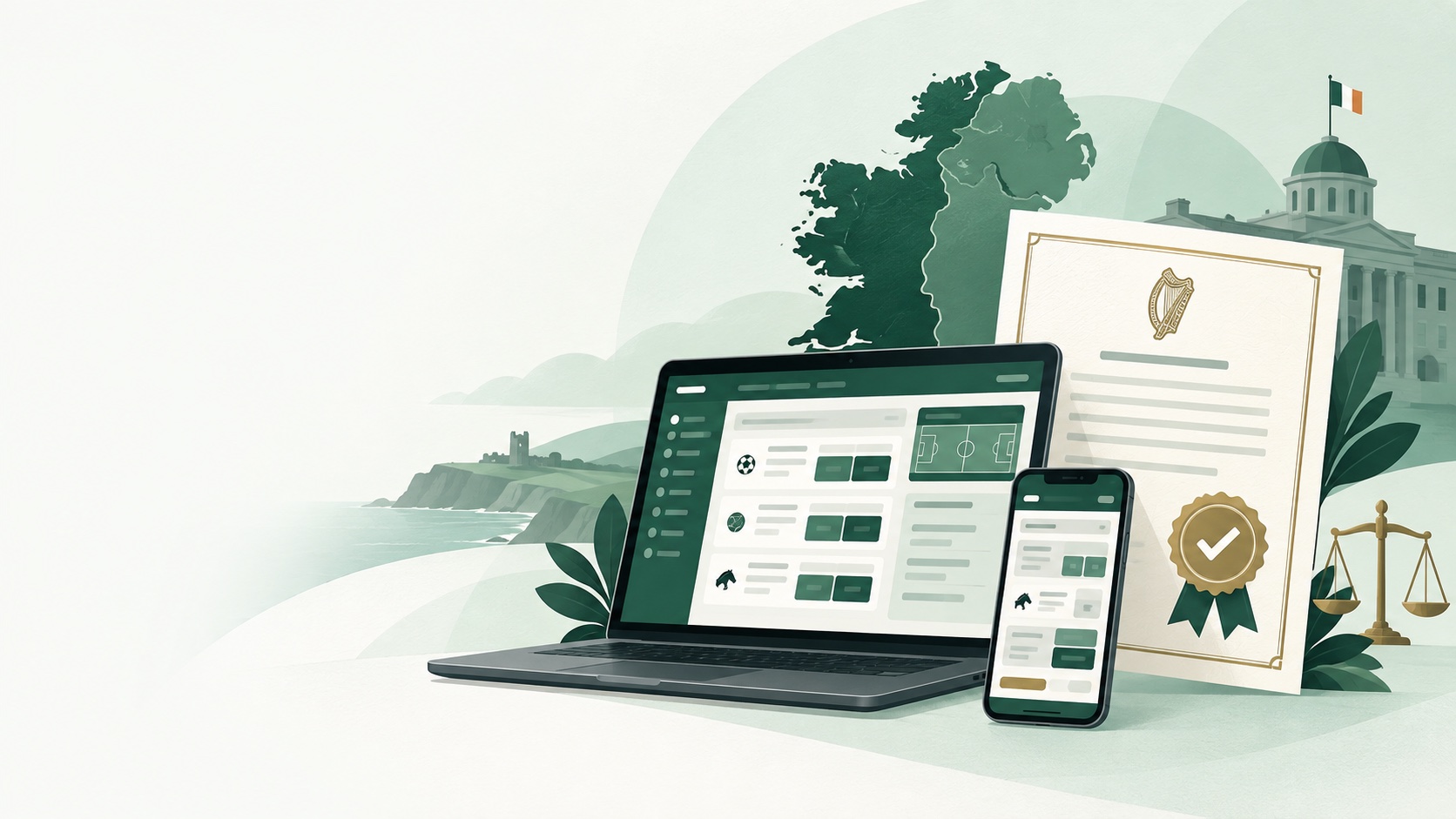 Remote betting on a laptop and phone alongside an Irish gambling licence