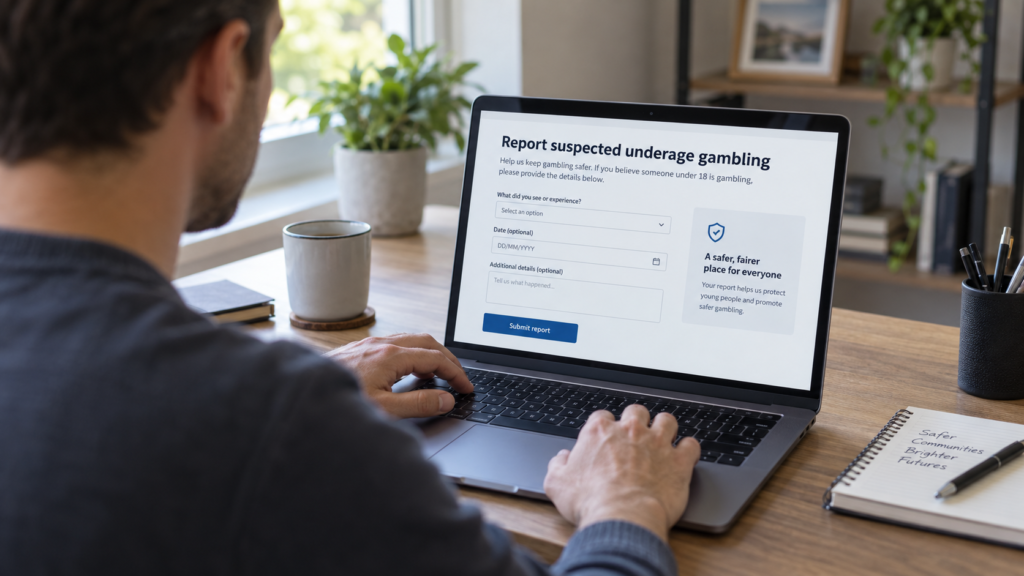 An adult using a laptop to complete an online form reporting suspected underage gambling.
